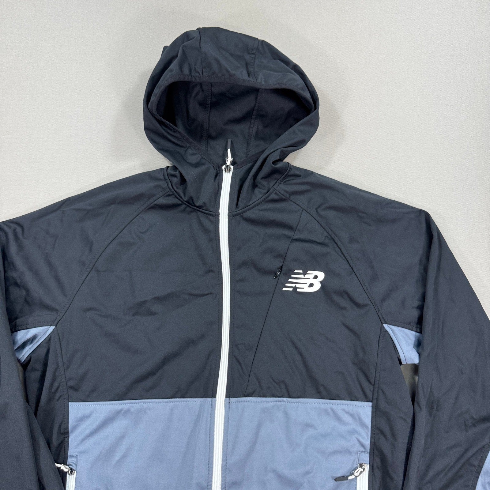 New Balance Windbreaker Jacket mens Large Black Blue Full Zip Mesh Lined Hooded
