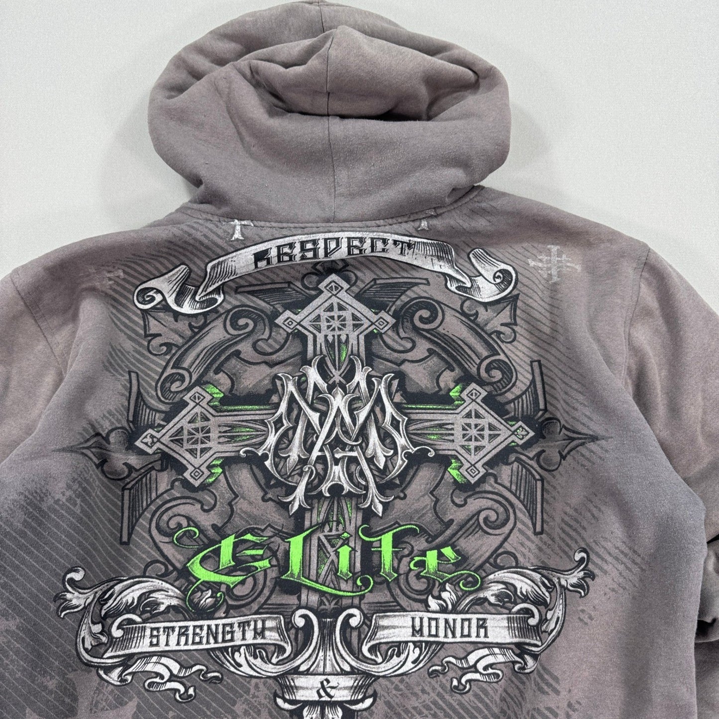 Vintage MMA Elite Hoodie Jacket Sherpa Lined Zip Up mens Large Cross Print Y2K