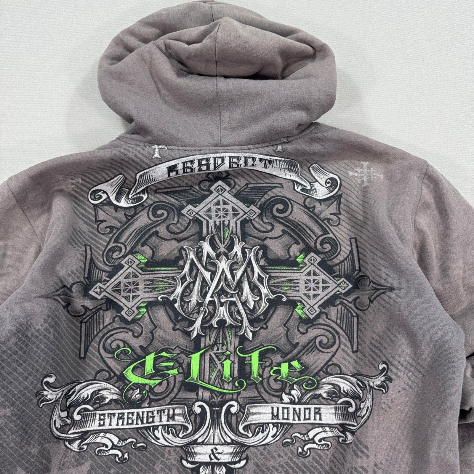 Vintage MMA Elite Hoodie Jacket Sherpa Lined Zip Up mens Large Cross Print Y2K