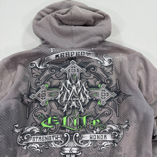 Vintage MMA Elite Hoodie Jacket Sherpa Lined Zip Up mens Large Cross Print Y2K