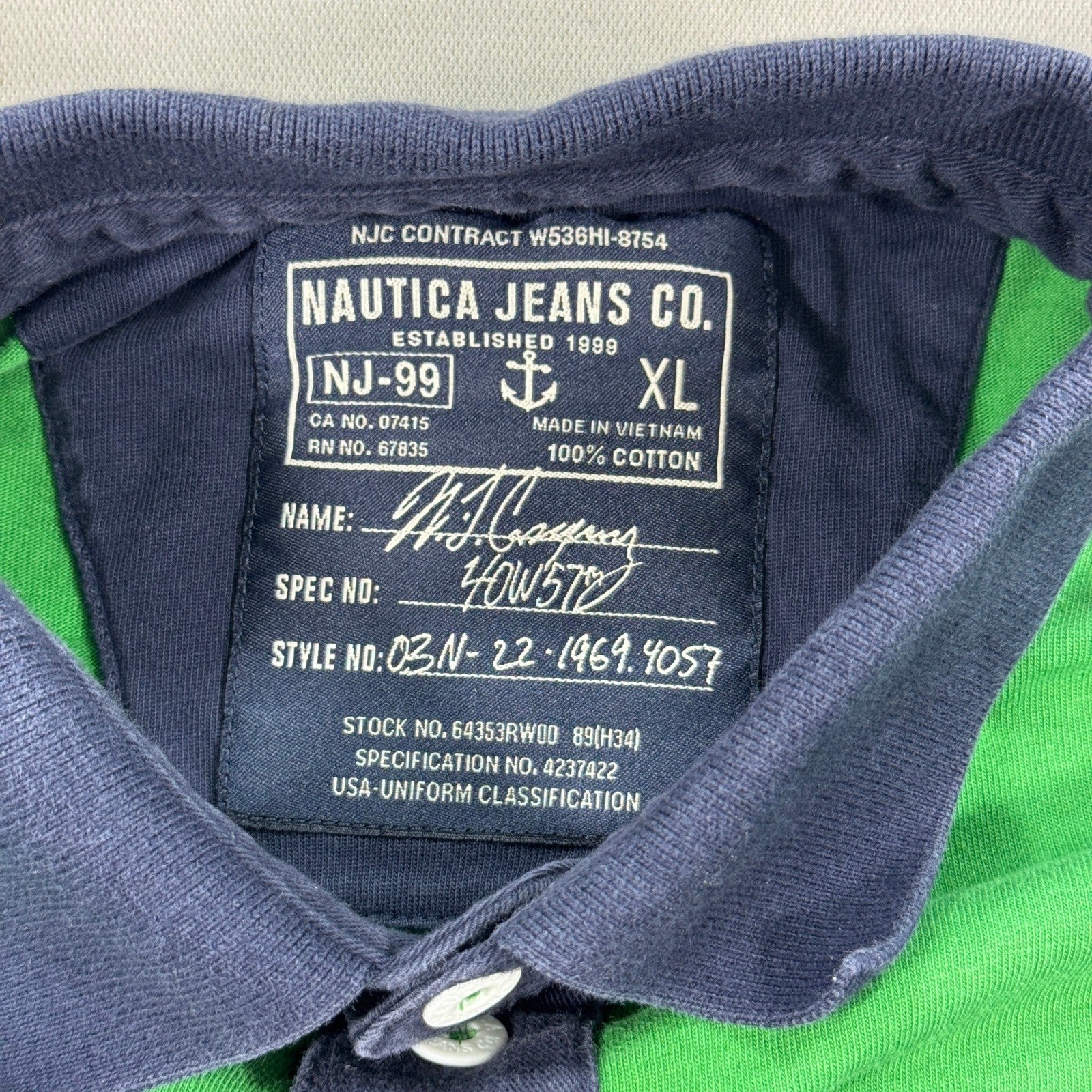 Vintage Nautica Jeans Co Rugby Polo Shirt Mens XL Green Blue Striped Long Sleeve