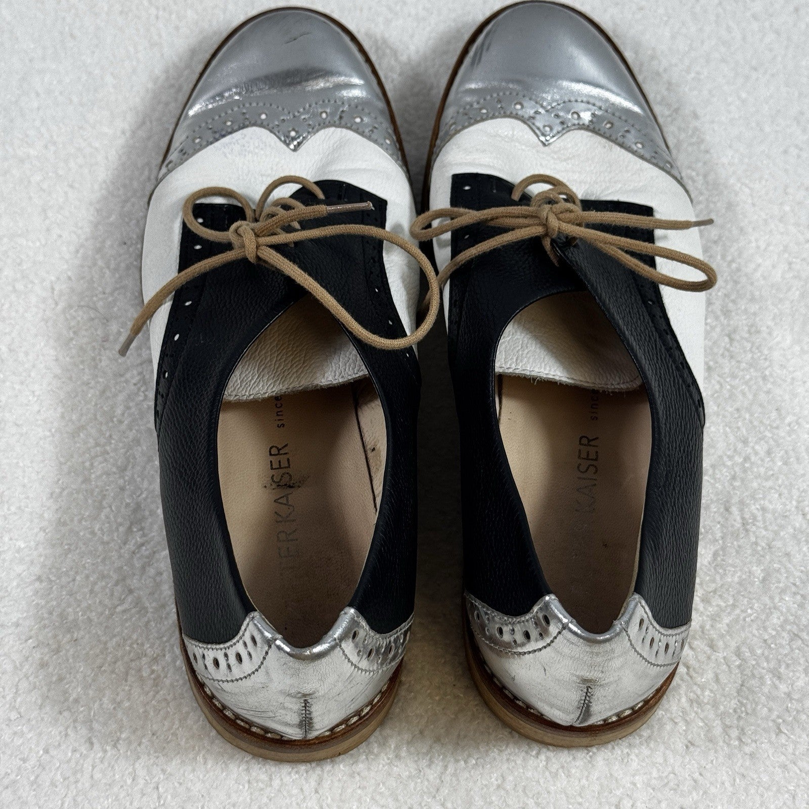 Peter Kaiser Lace Up Shoes Womens Size 5.5 Black Silver Elegant Leather Loafer