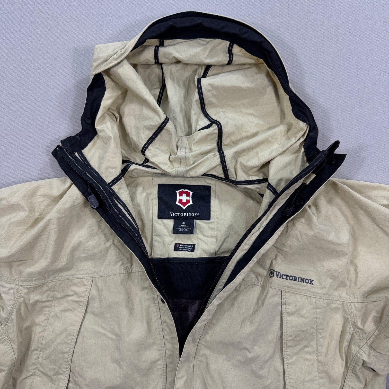 Victorinox Mens Full Zip Hooded Jacket Beige Swiss Army Coat Outdoor Medium