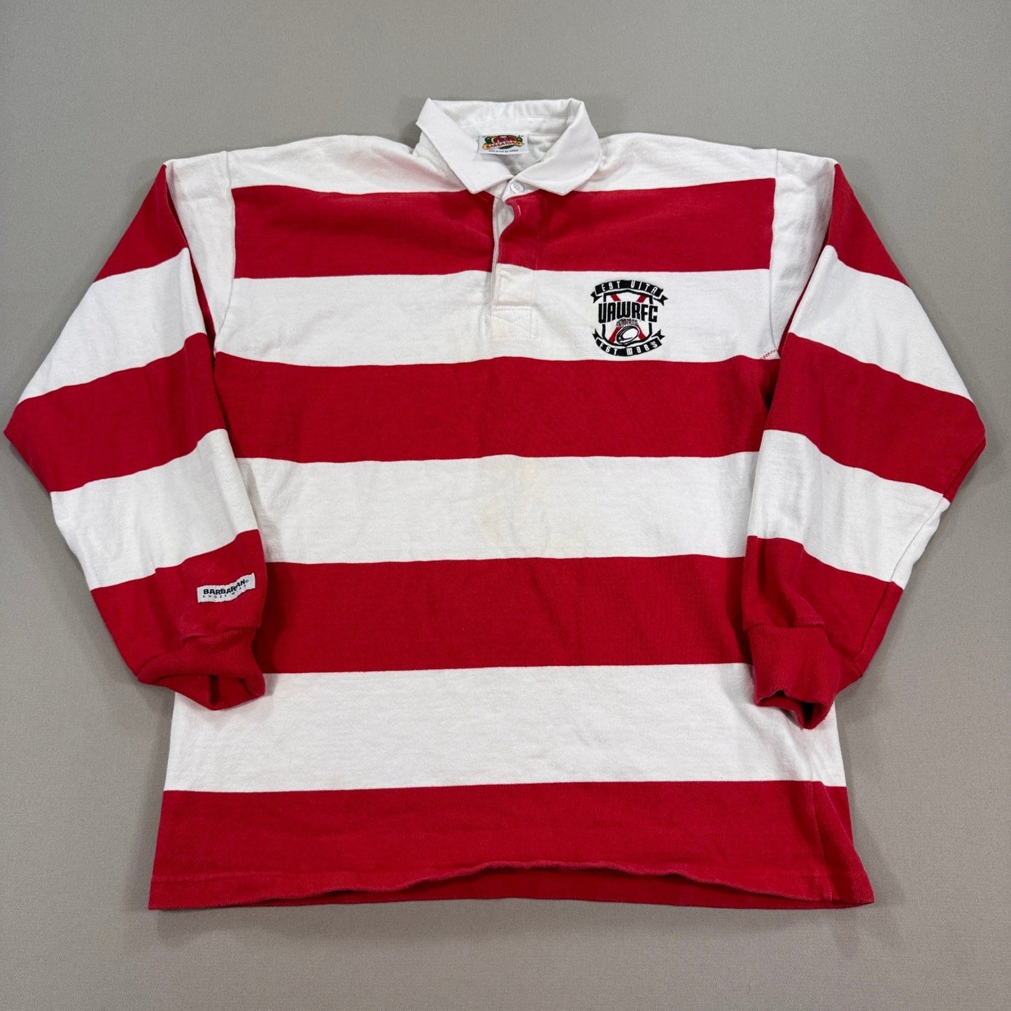 Vintage Barbarian Rugby Polo Shirt UAWRFC Crest Mens XL Red White Striped Canada