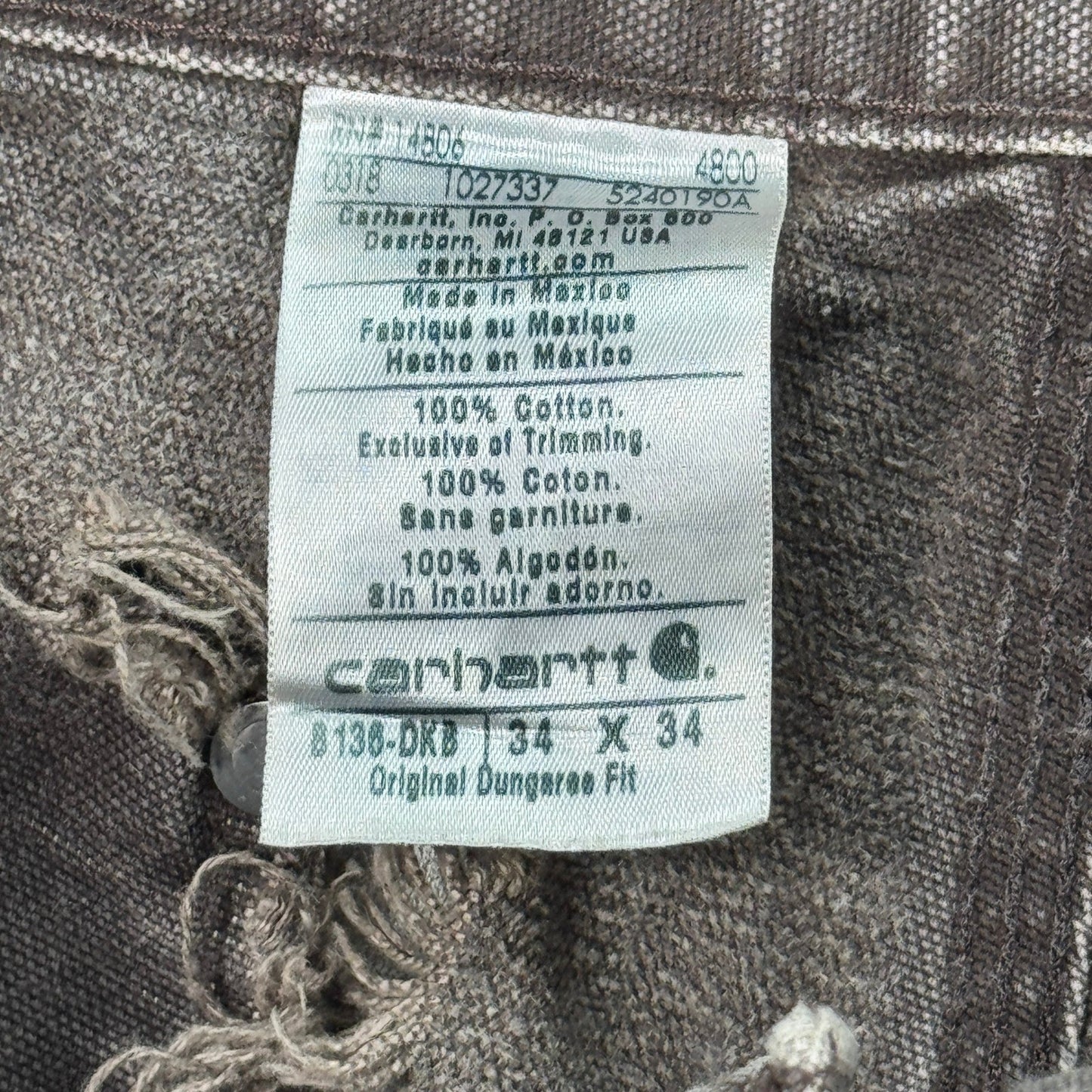 Carhartt B136 Double Knee Pants Dungaree Fit mens 34x34 Brown Carpenter Canvas