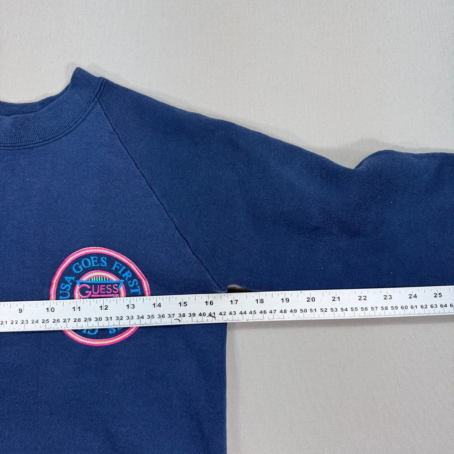 Vintage 90's Guess Mens Small Sweatshirt Blue Graphic USA Made Single Stitch