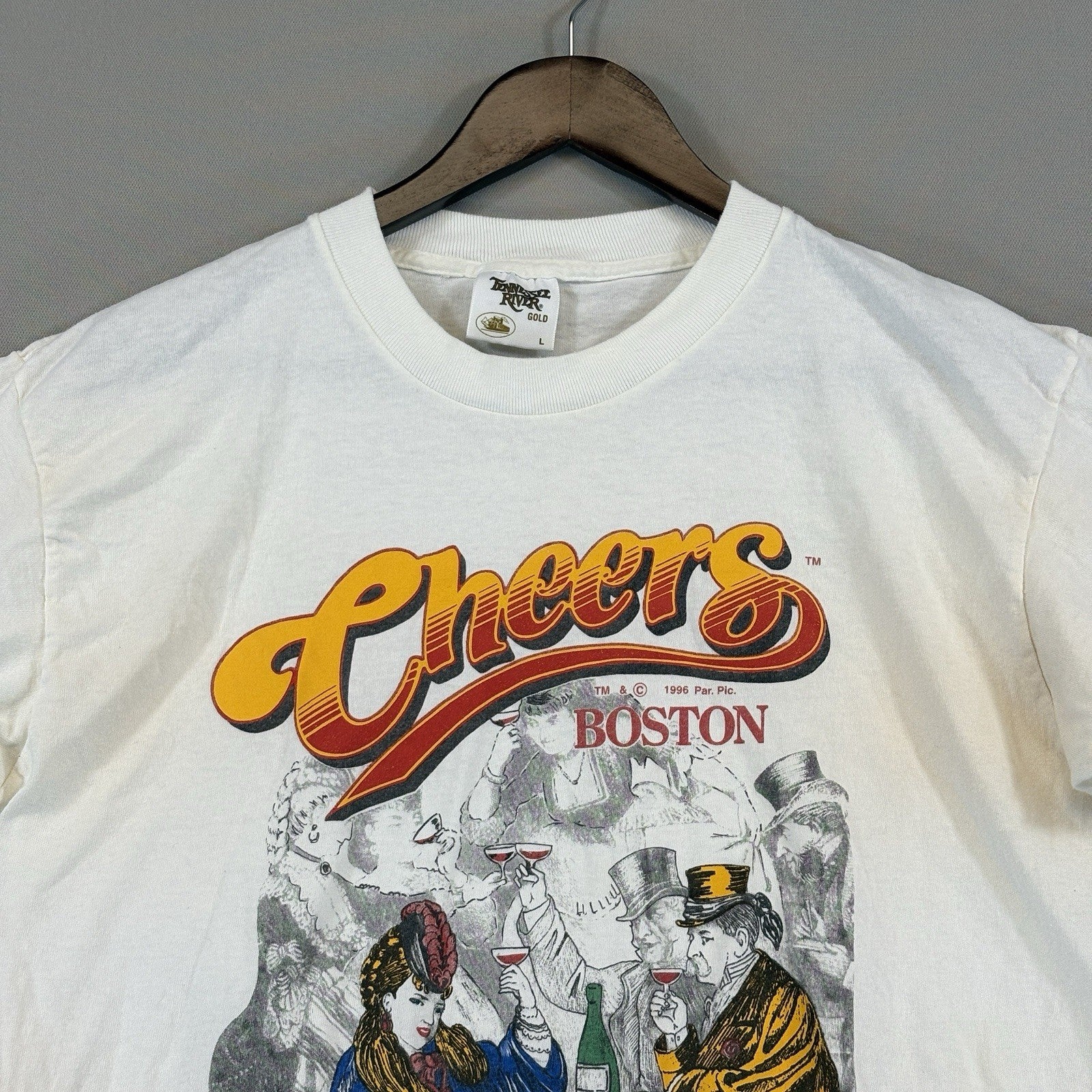 VTG Cheers Boston Mens Large White Graphic Single Stitch Shirt Made In USA