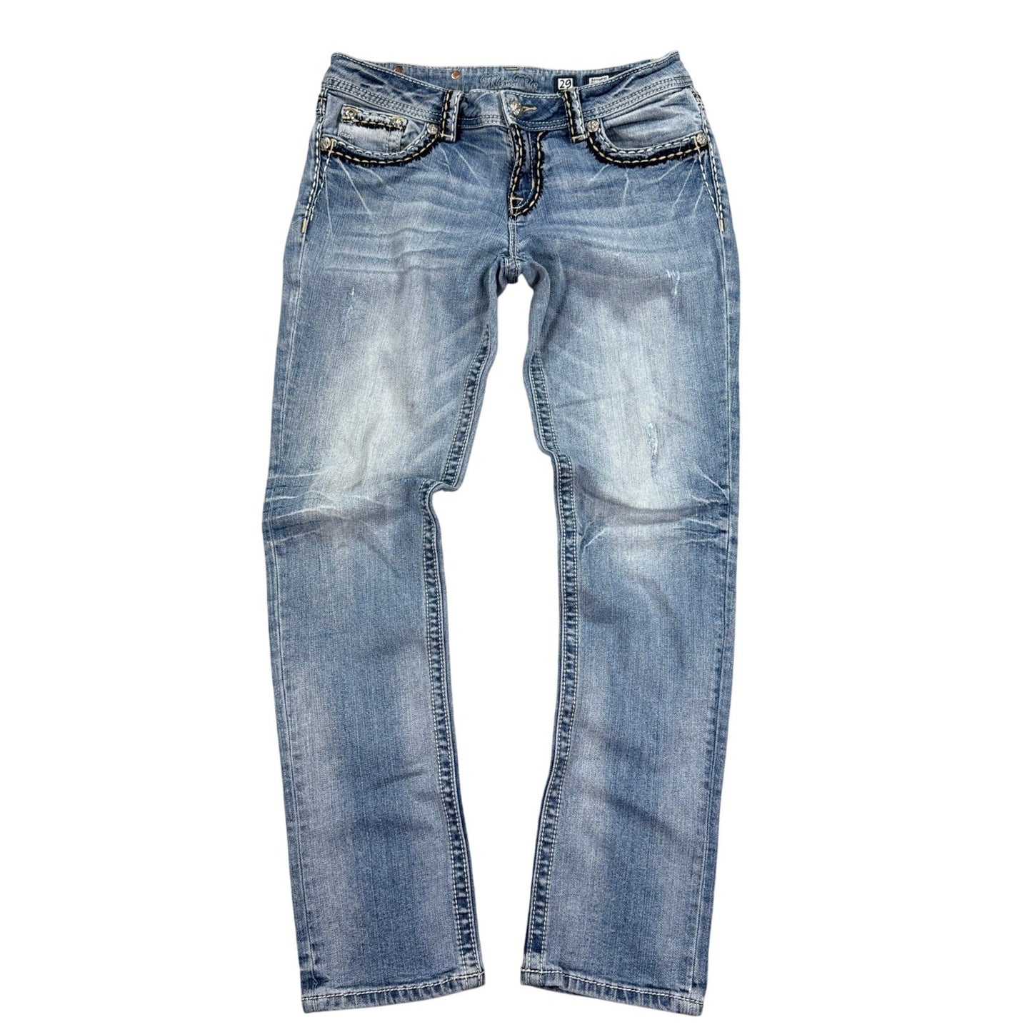 Miss Me Jeans Womens 32x30 Straight Blue Denim Embellished Pockets Distressed