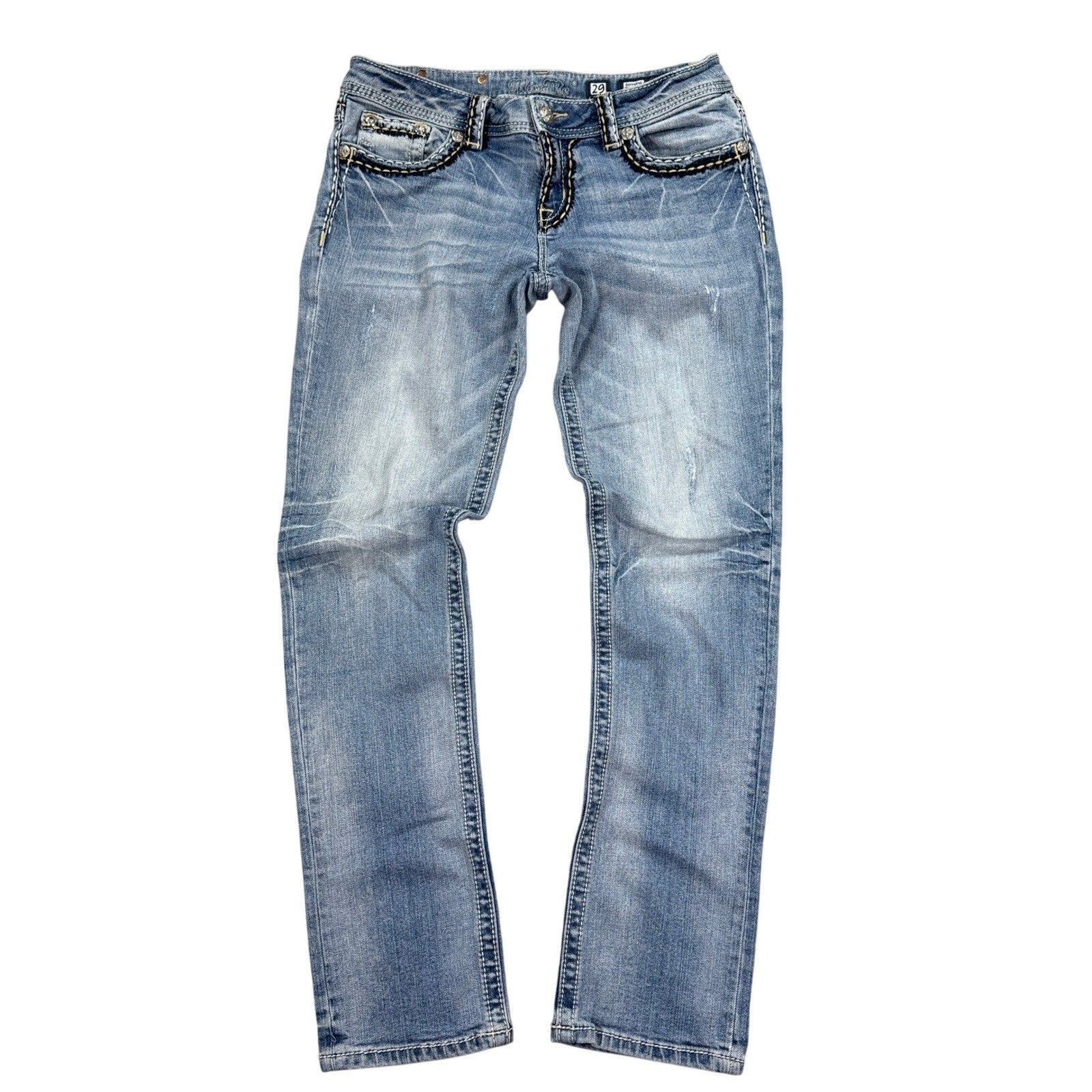 Miss Me Jeans Womens 32x30 Straight Blue Denim Embellished Pockets Distressed