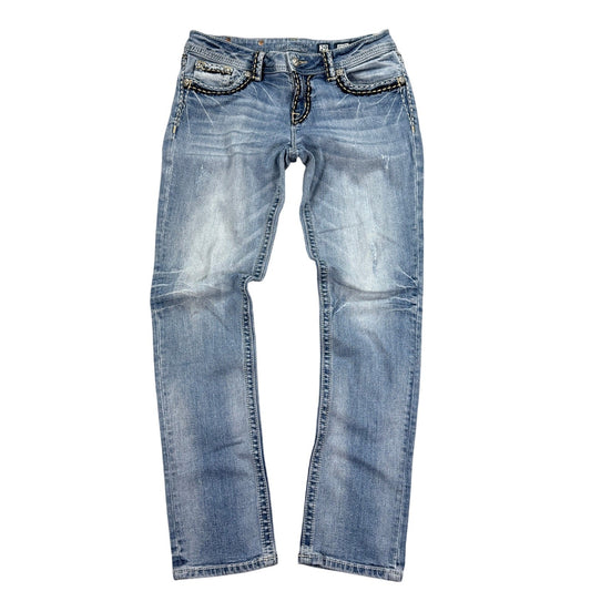 Miss Me Jeans Womens 32x30 Straight Blue Denim Embellished Pockets Distressed