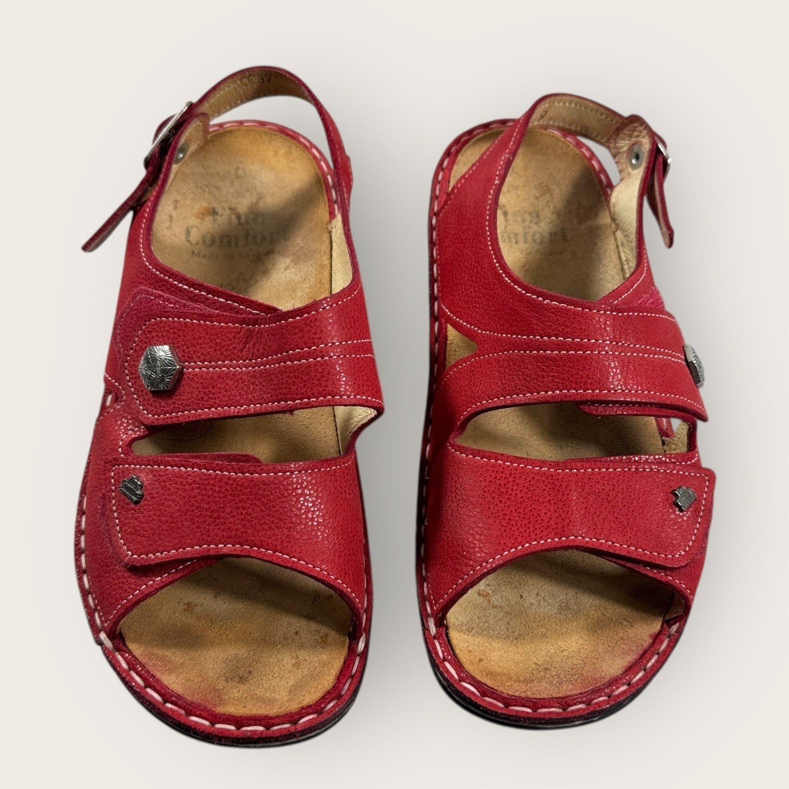 Finn Comfort Sandals Leather Womens Size 37 Red Hook & Loop Straps