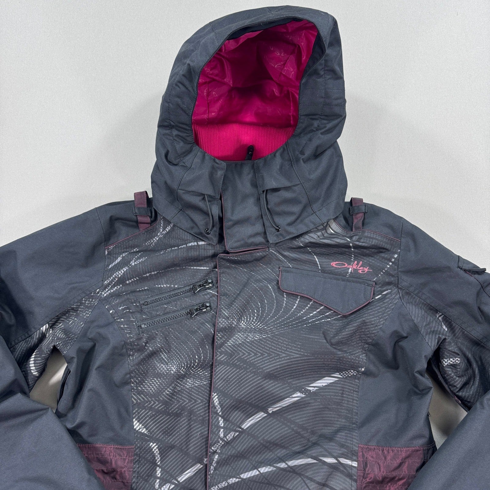 Oakley Snowboard Coat Anorak Fit Hooded Womens Large Gray Pink Insulated