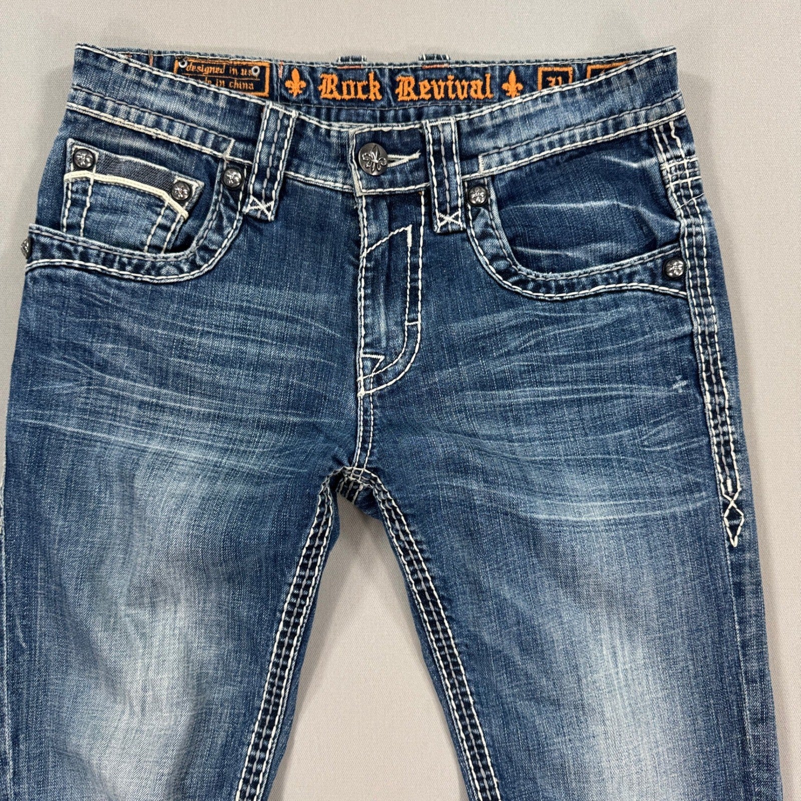 Rock Revival Jeans Bootcut mens Size 31 Blue Denim Distressed Made for Buckle