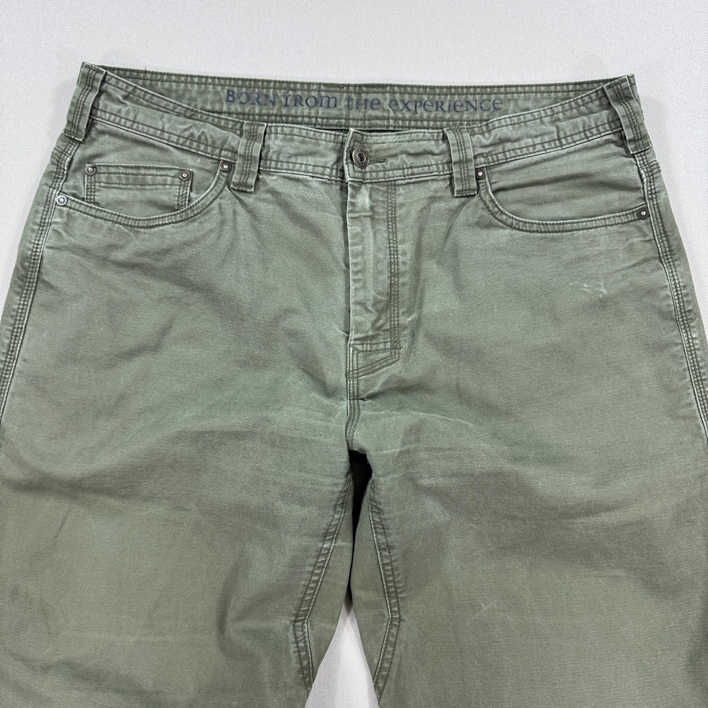 Prana Bronson Work Pants mens 38x34 Olive Green Canvas Carpenter Relaxed Fit