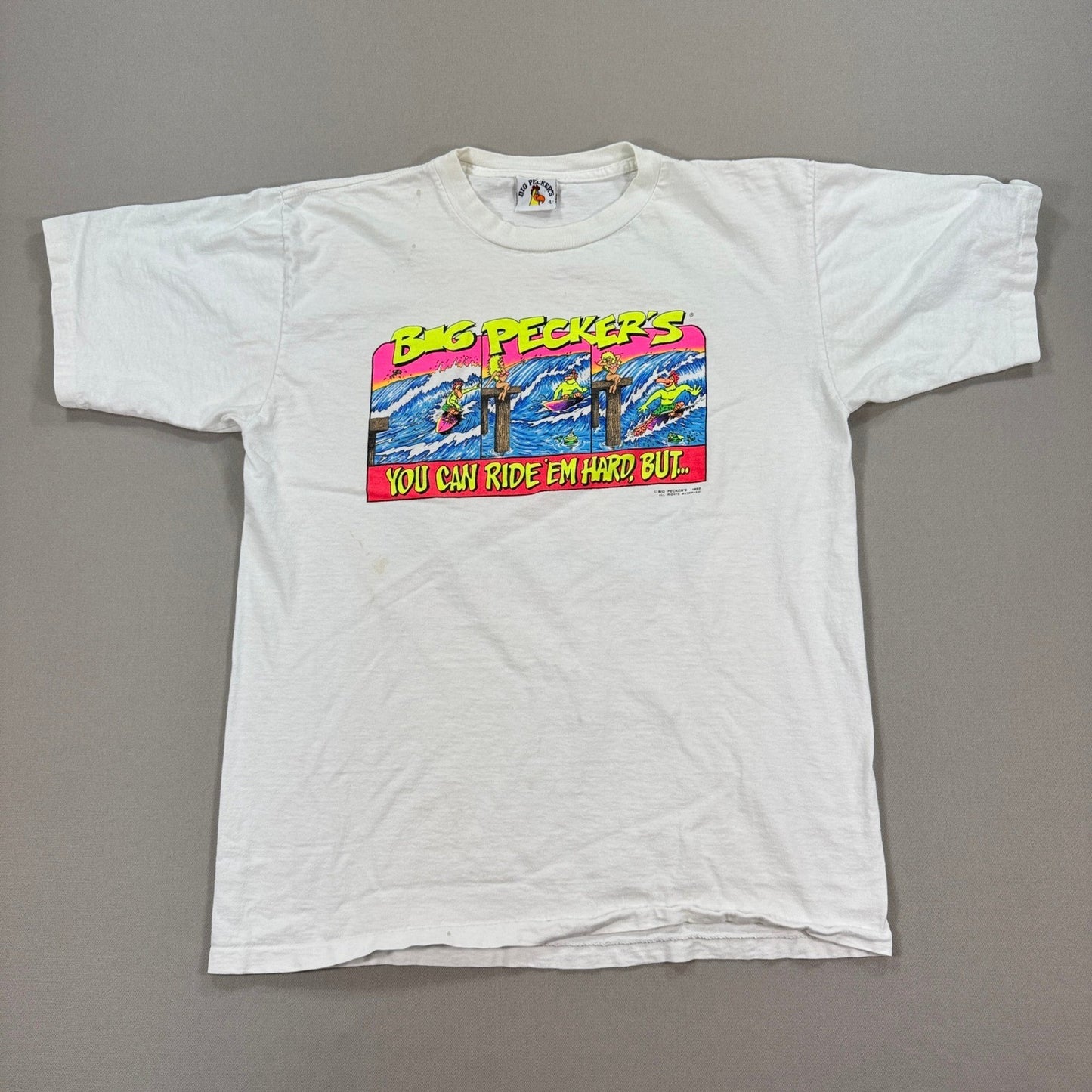 Vintage Big Peckers T-Shirt 90s mens Large Surfing Cartoon Single Stitch