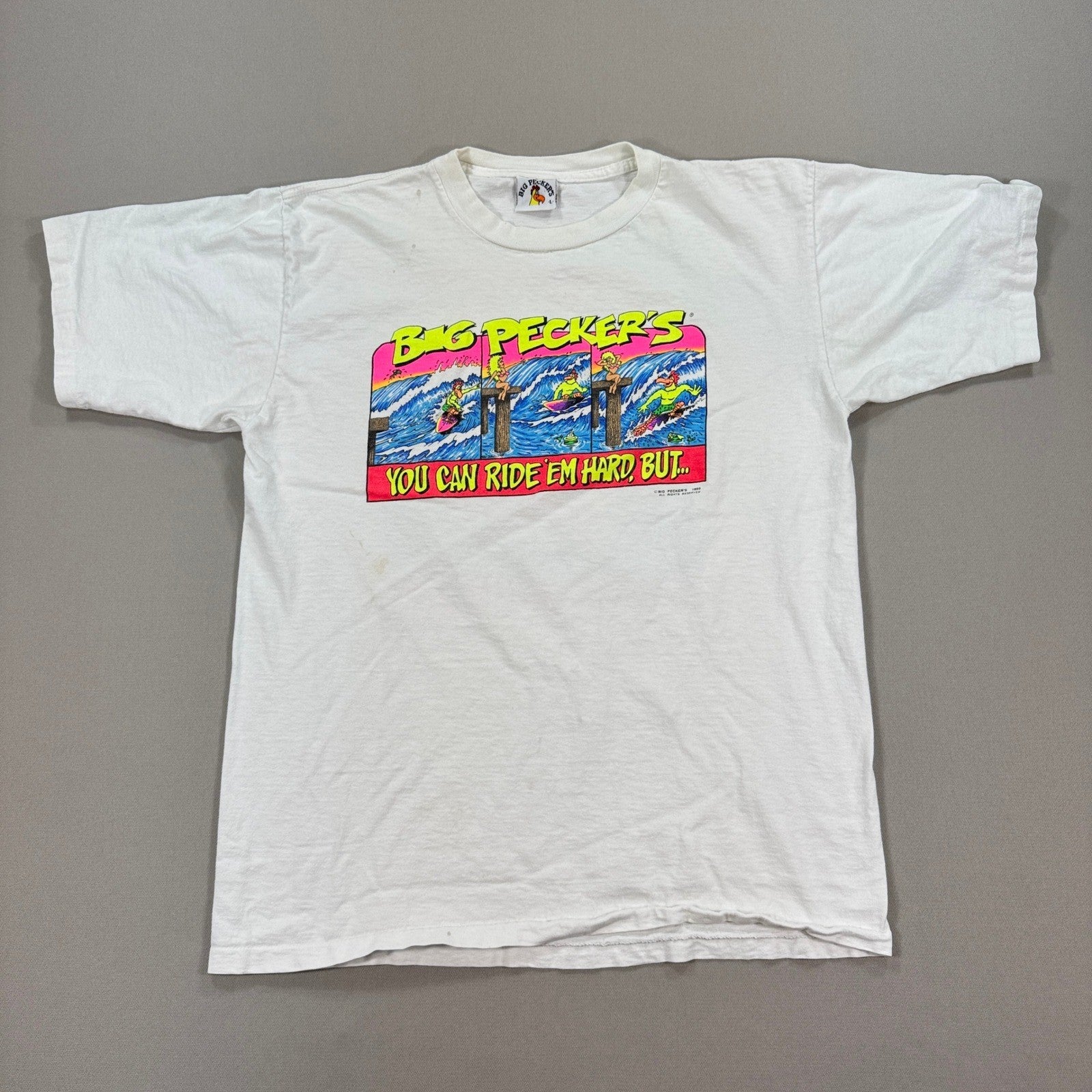 Vintage Big Peckers T-Shirt 90s mens Large Surfing Cartoon Single Stitch