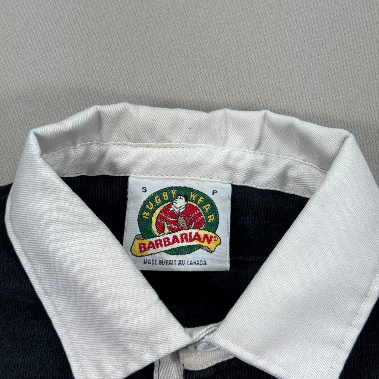 Vintage Barbarian Rugby Shirt mens Small Black Blue Stripe Long Sleeve Canada