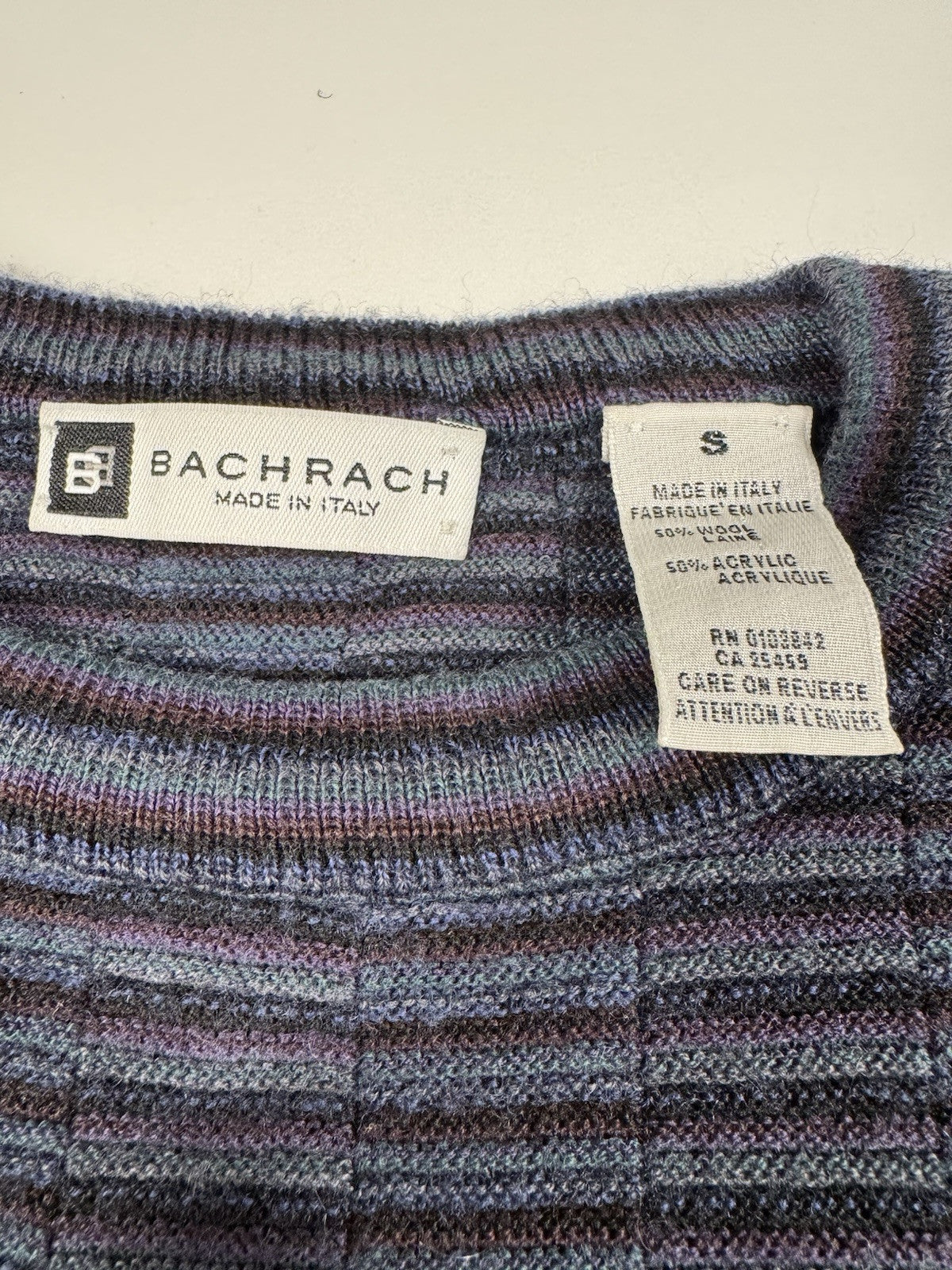 VTG Bachrach Sweater Black Gray Purple Striped Knit Made In Italy Size Small