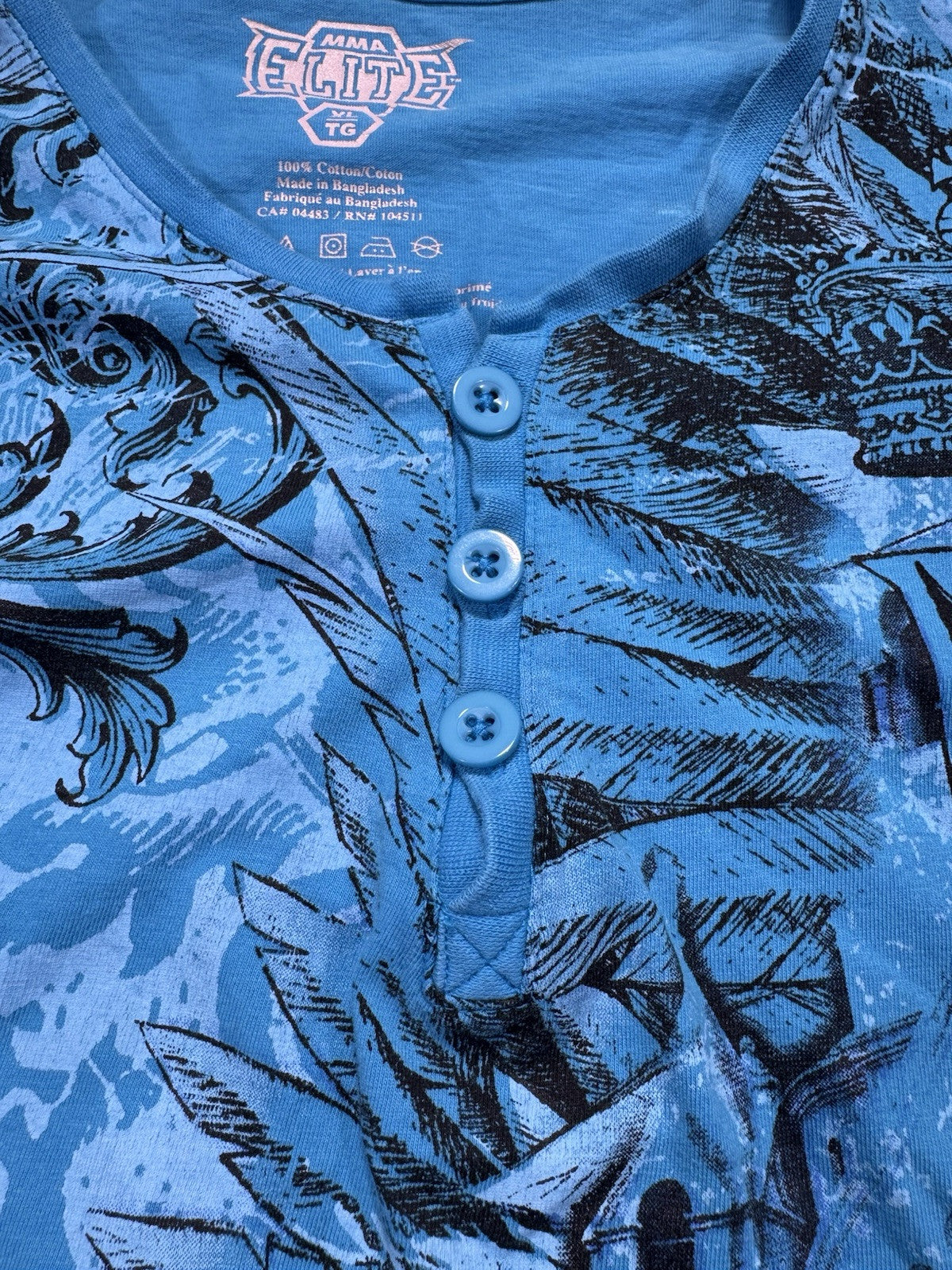 MMA ELITE Blue Cross Church Short Sleeve Y2K T-shirt Mens XL 1/4 Button Up