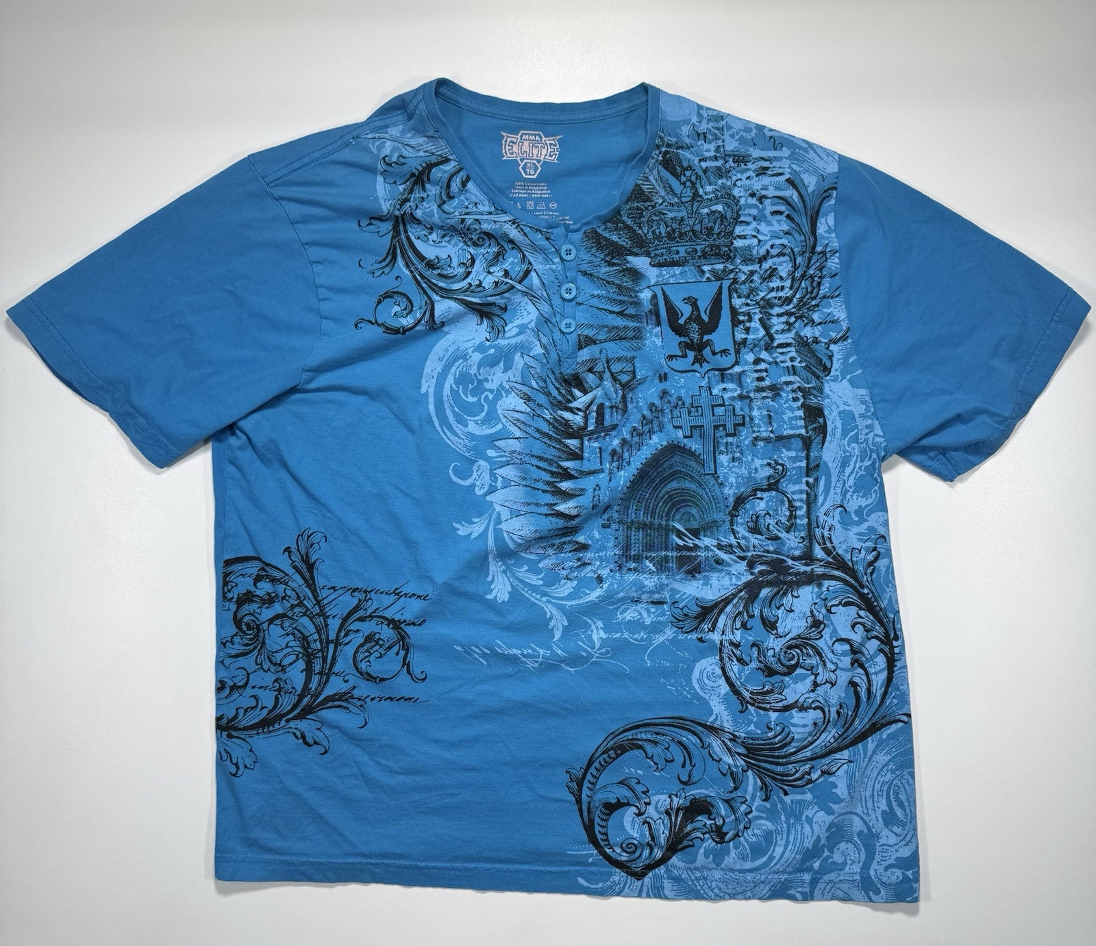 MMA ELITE Blue Cross Church Short Sleeve Y2K T-shirt Mens XL 1/4 Button Up