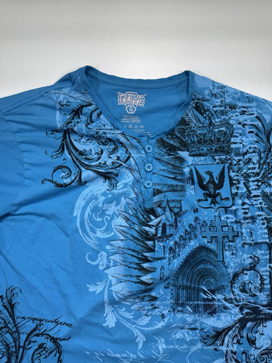 MMA ELITE Blue Cross Church Short Sleeve Y2K T-shirt Mens XL 1/4 Button Up